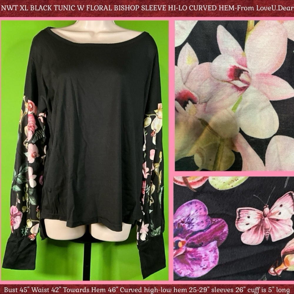 NWT XL BLACK TUNIC W FLORAL BISHOP SLEEVE HI-LO CURVED HEM-From LoveU.Dear
